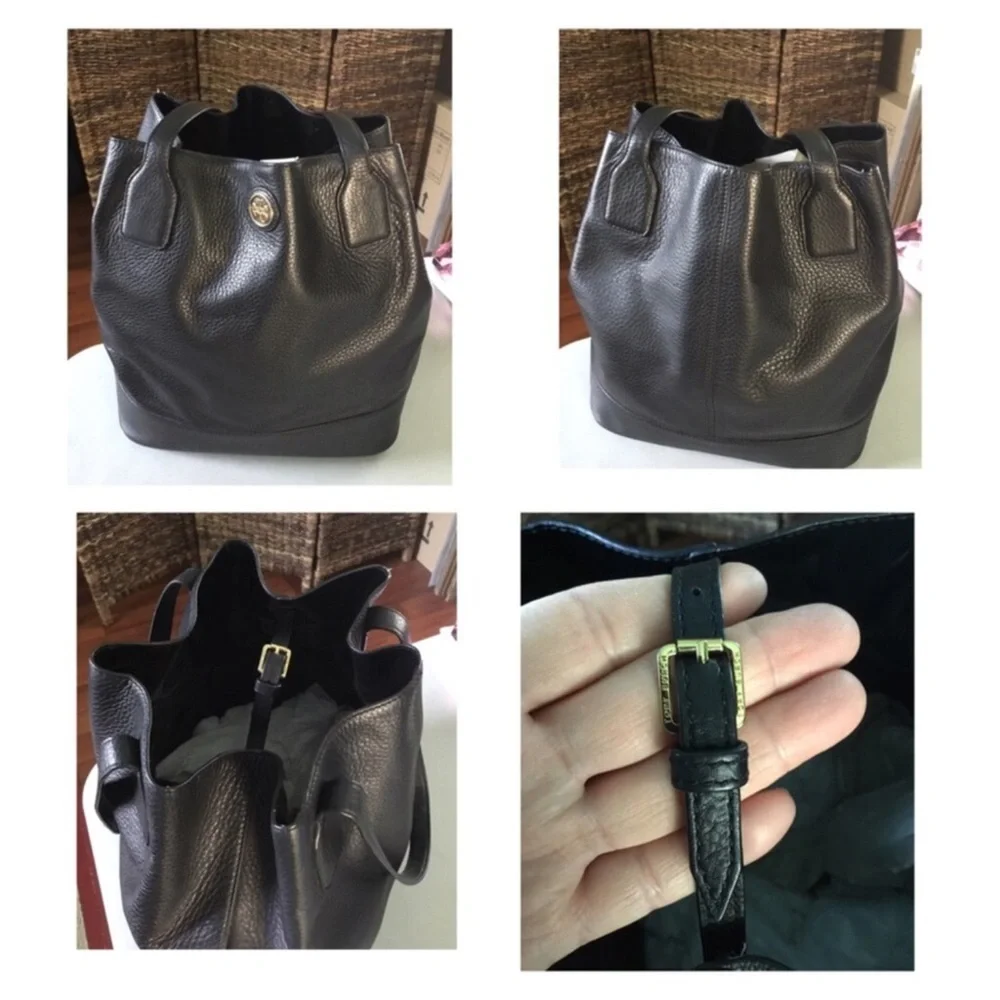 TORY BURCH MICHELLE BLACK PEBBLED LEATHER BUCKET TOTE BLACK GOLD LOGO